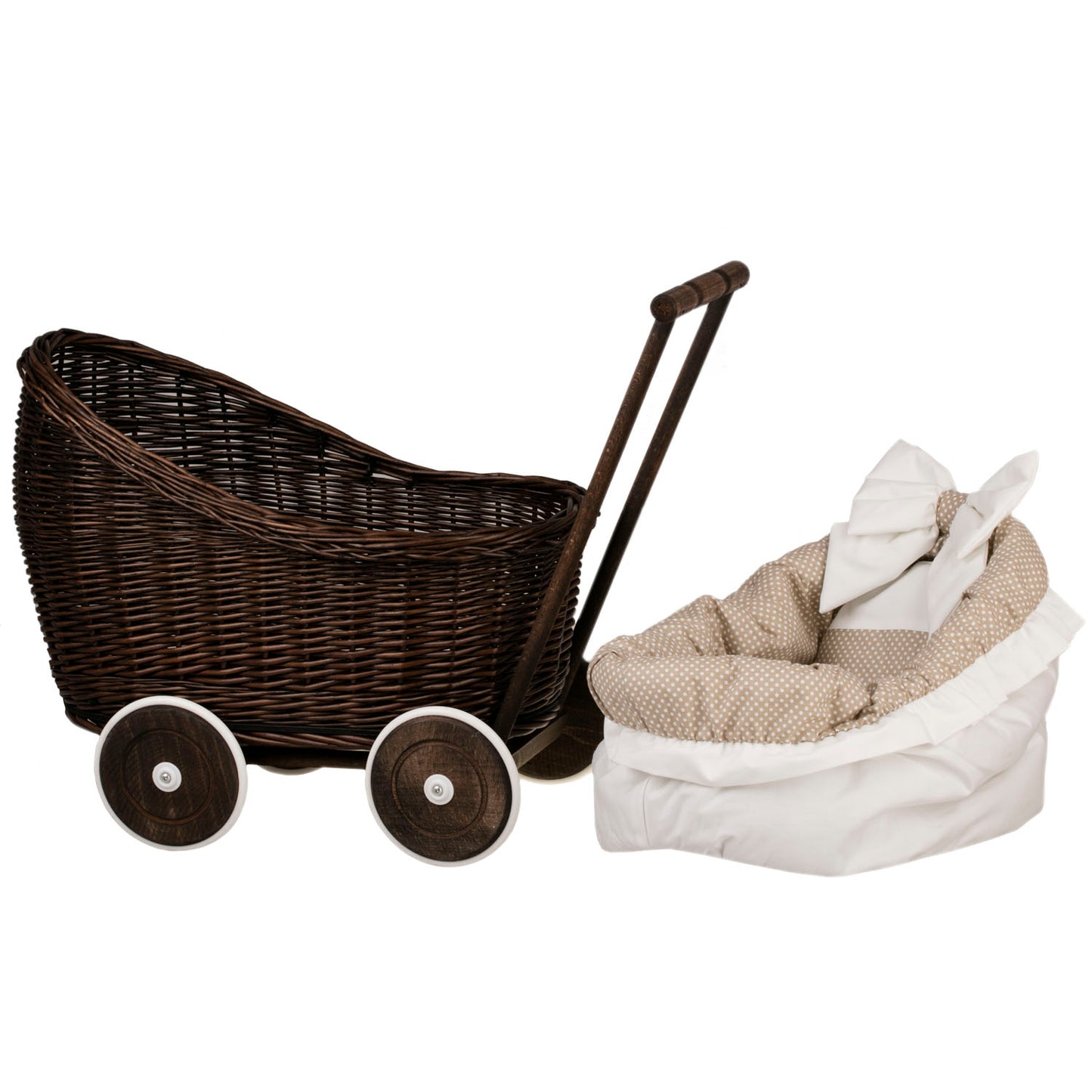 Luna wicker doll stroller with beige trim, blanket, and pillow