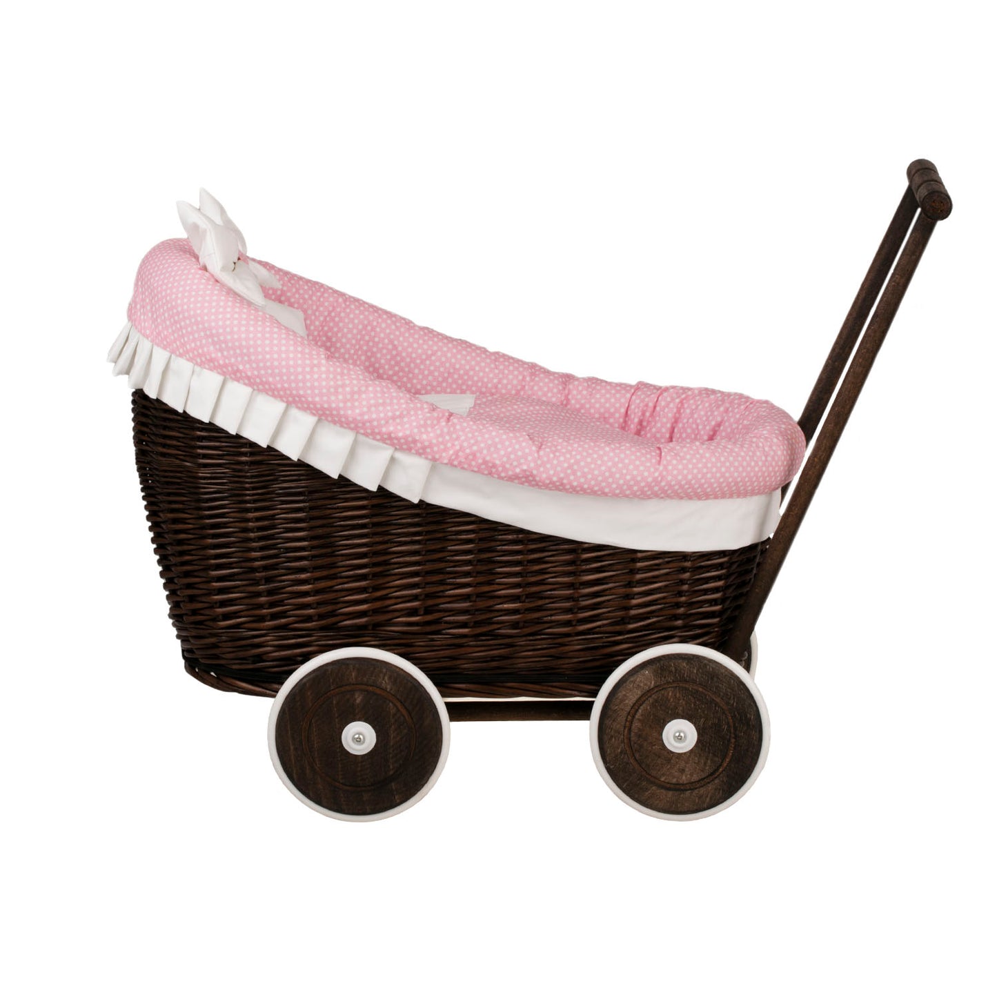 Luna carrozzina in vimini per bambole con rifinitura rosa, copertina e cuscino