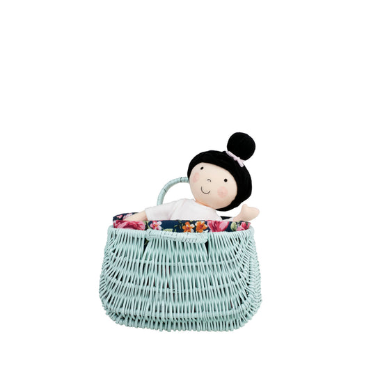 wicker picnic and beach basket with navy trim and handles by