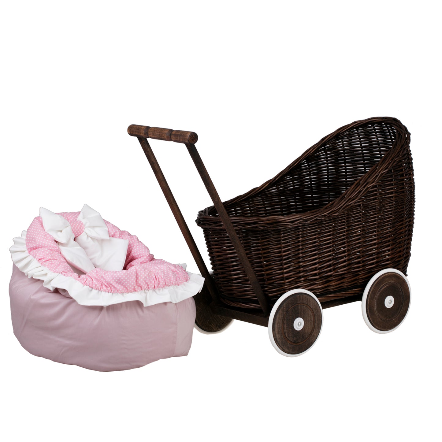 Luna carrozzina in vimini per bambole con rifinitura rosa, copertina e cuscino