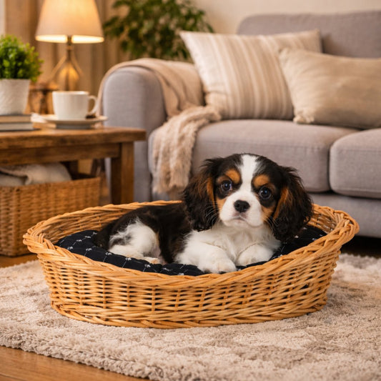 wicker basket for dog and cat with black cushion
