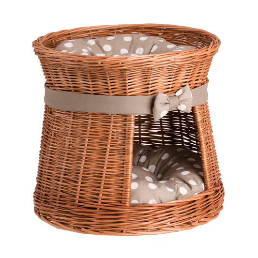 Eralis wicker cat house with beige trim, two-tier, with cushions and a bow TheWickerStories