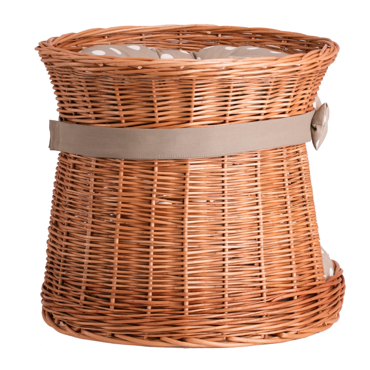 Eralis rieten kattenhuis met beige rand, twee niveaus, met kussens en een strik