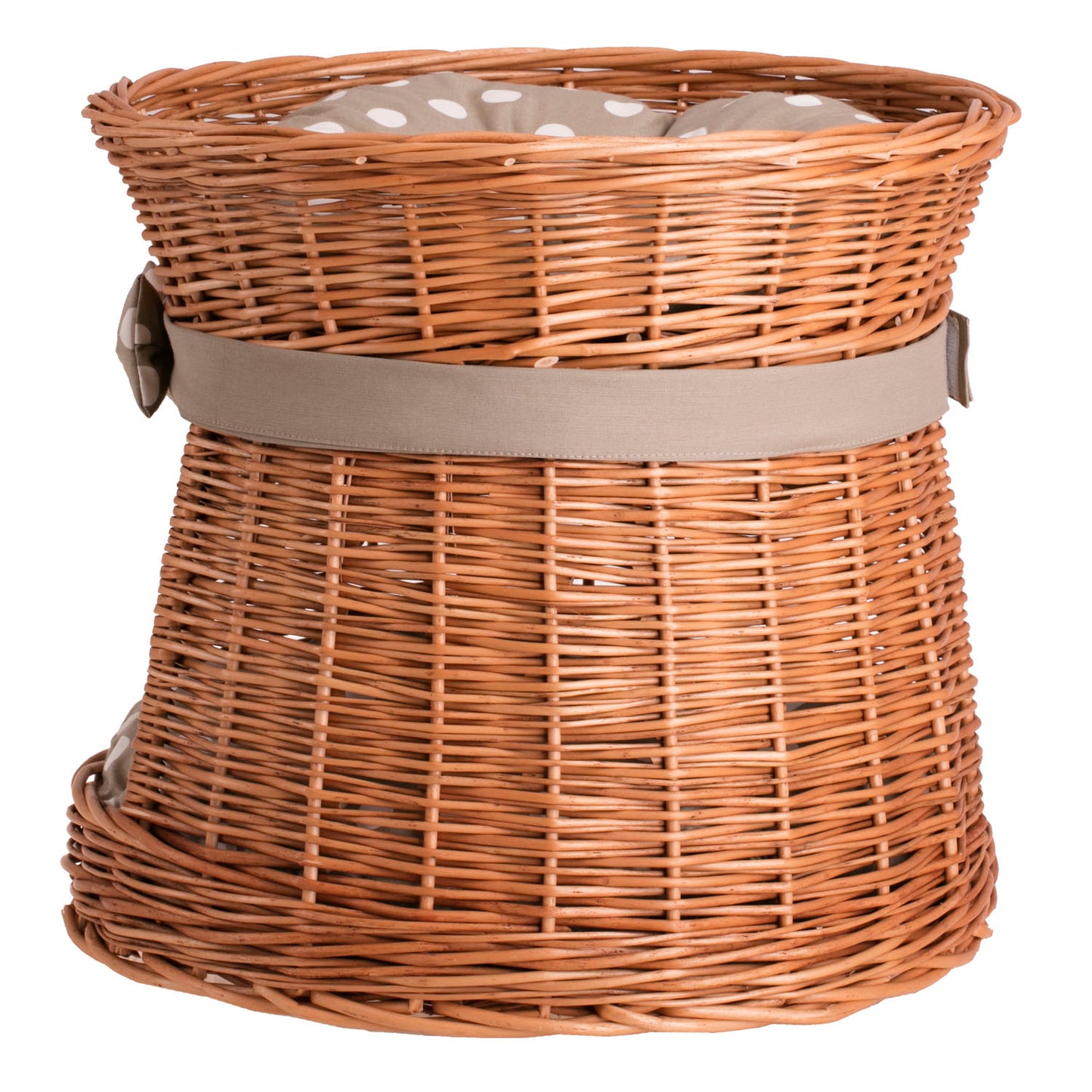 Eralis wicker cat house with beige trim, two-tier, with cushions and a bow TheWickerStories