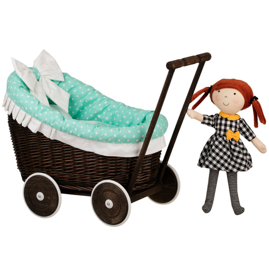 Luna wicker doll stroller with mint trim, blanket, and pillow TheWickerStories