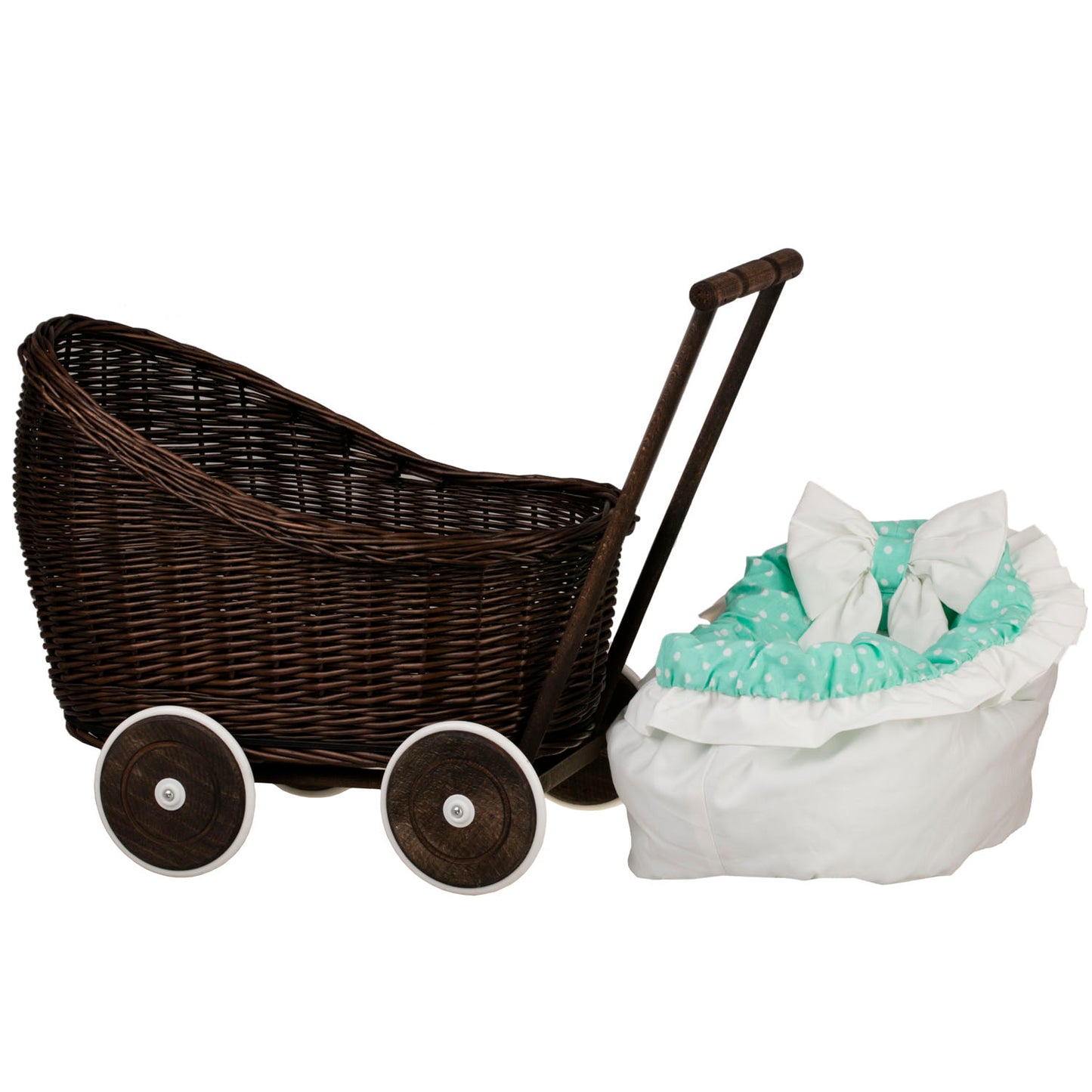 Luna punottu nukkekärry mintunvihreällä reunuksella, peitolla ja tyynyllä TheWickerStories