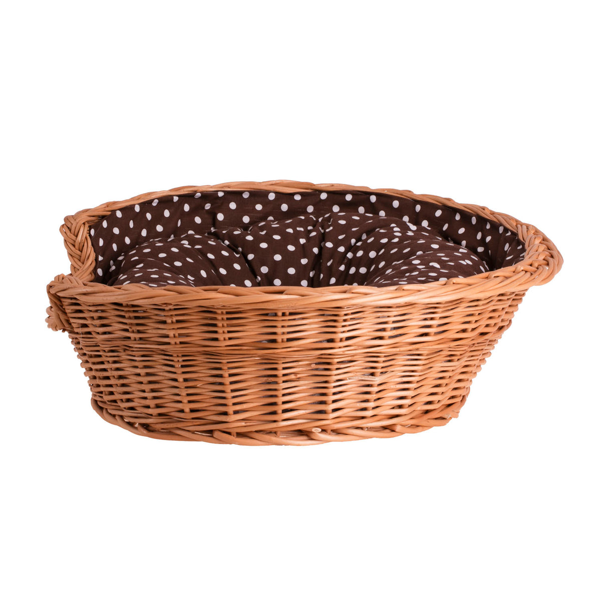 Esmira wicker pet bed for dogs and cats with brown cushion TheWickerStories