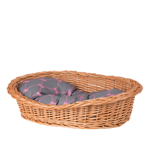 wicker basket for dog and cat with cushion and low entry