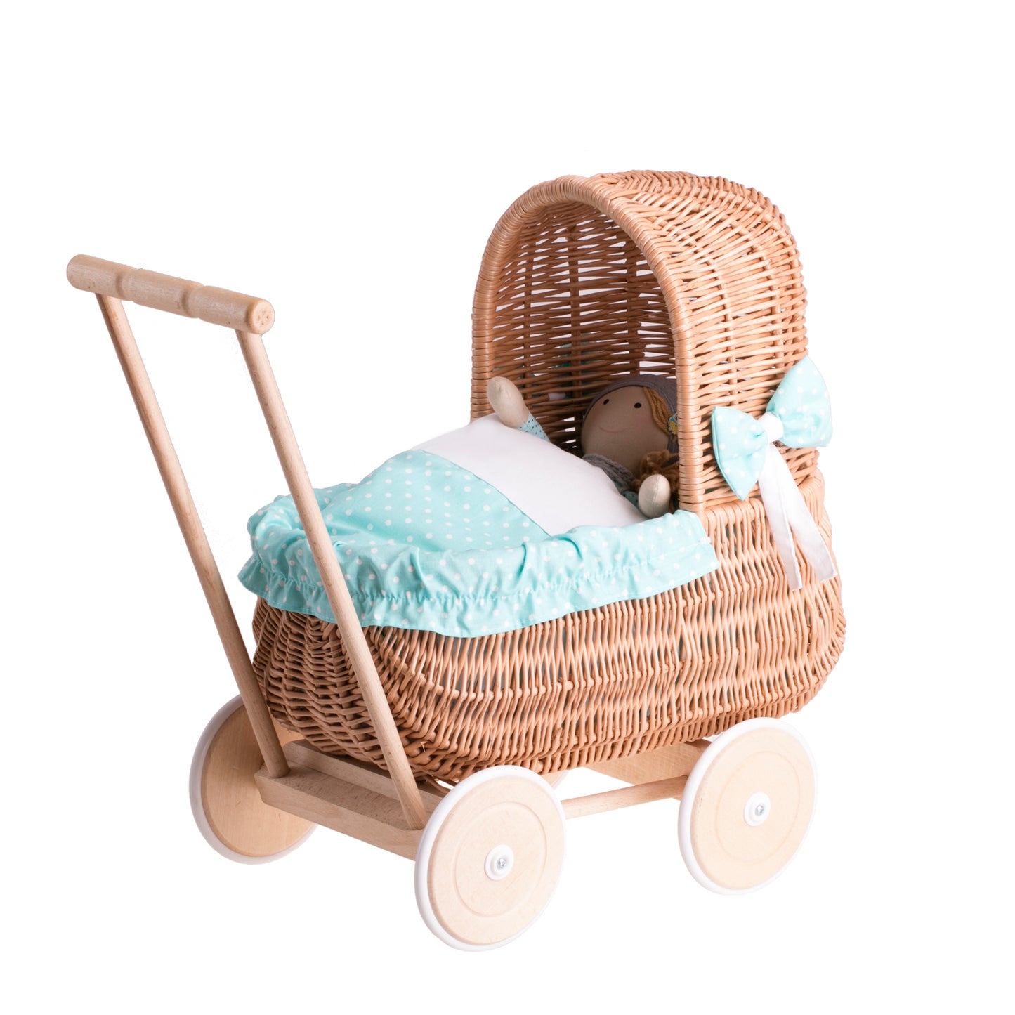 Lala wicker doll stroller with green trim, blanket, and pillow