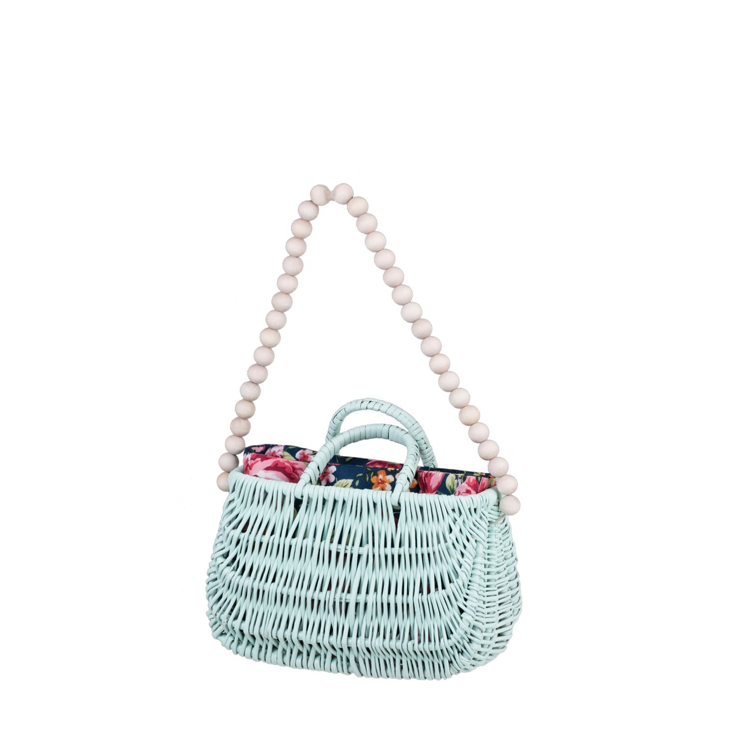 Werlissa Rieten strandtas met donkerblauwe bies, handvatten en een schouderriem van houten kralen.