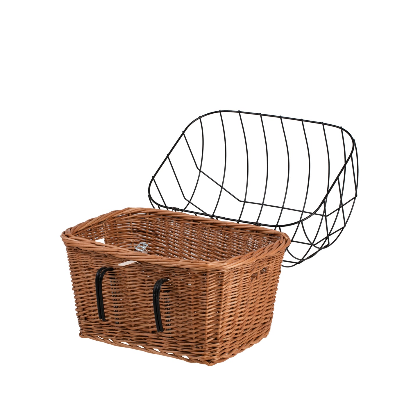 Timoria rieten fietskorf voor huisdieren met deksel en metalen rooster, met leren riemen