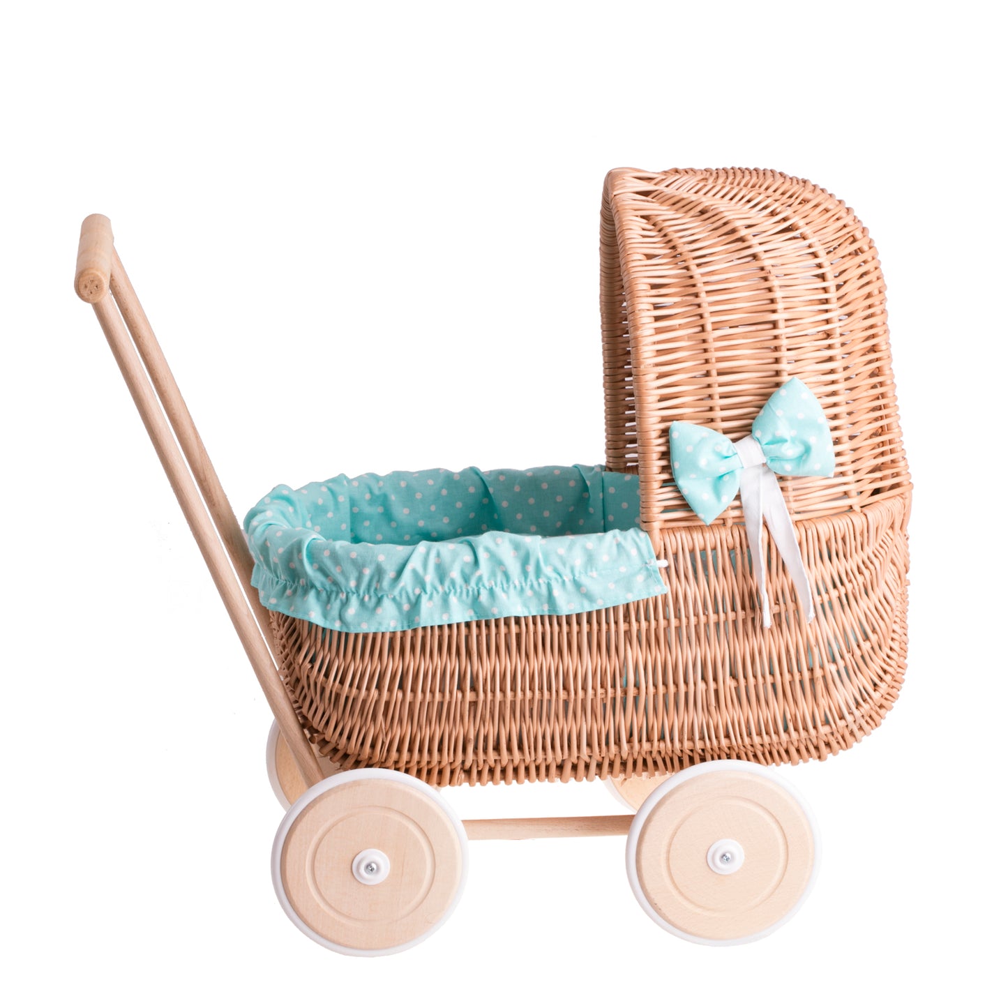 Lala wicker doll stroller with green trim, blanket, and pillow