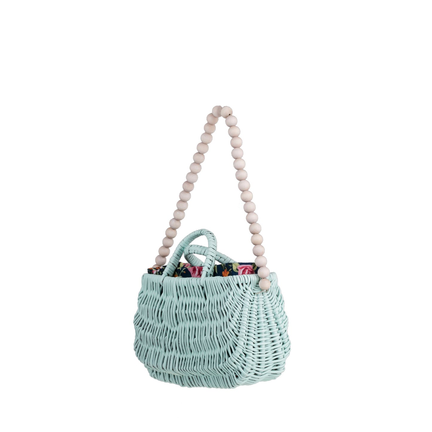 Werlissa Rieten strandtas met donkerblauwe bies, handvatten en een schouderriem van houten kralen.