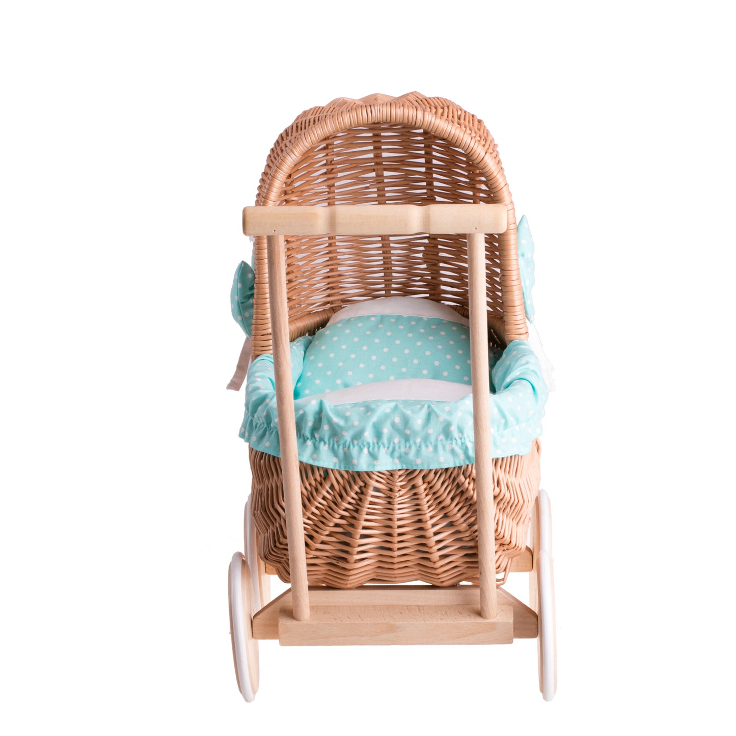 Lala wicker doll stroller with green trim, blanket, and pillow