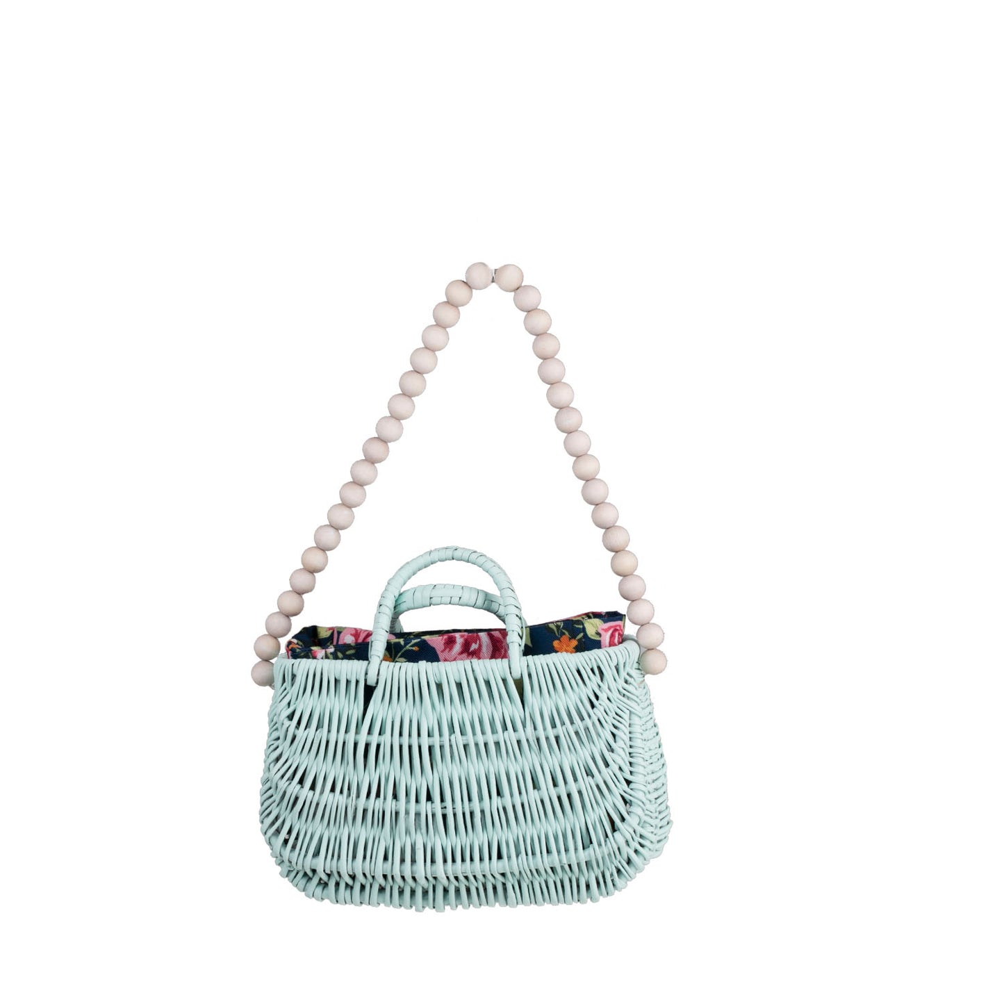 Werlissa Rieten strandtas met donkerblauwe bies, handvatten en een schouderriem van houten kralen.