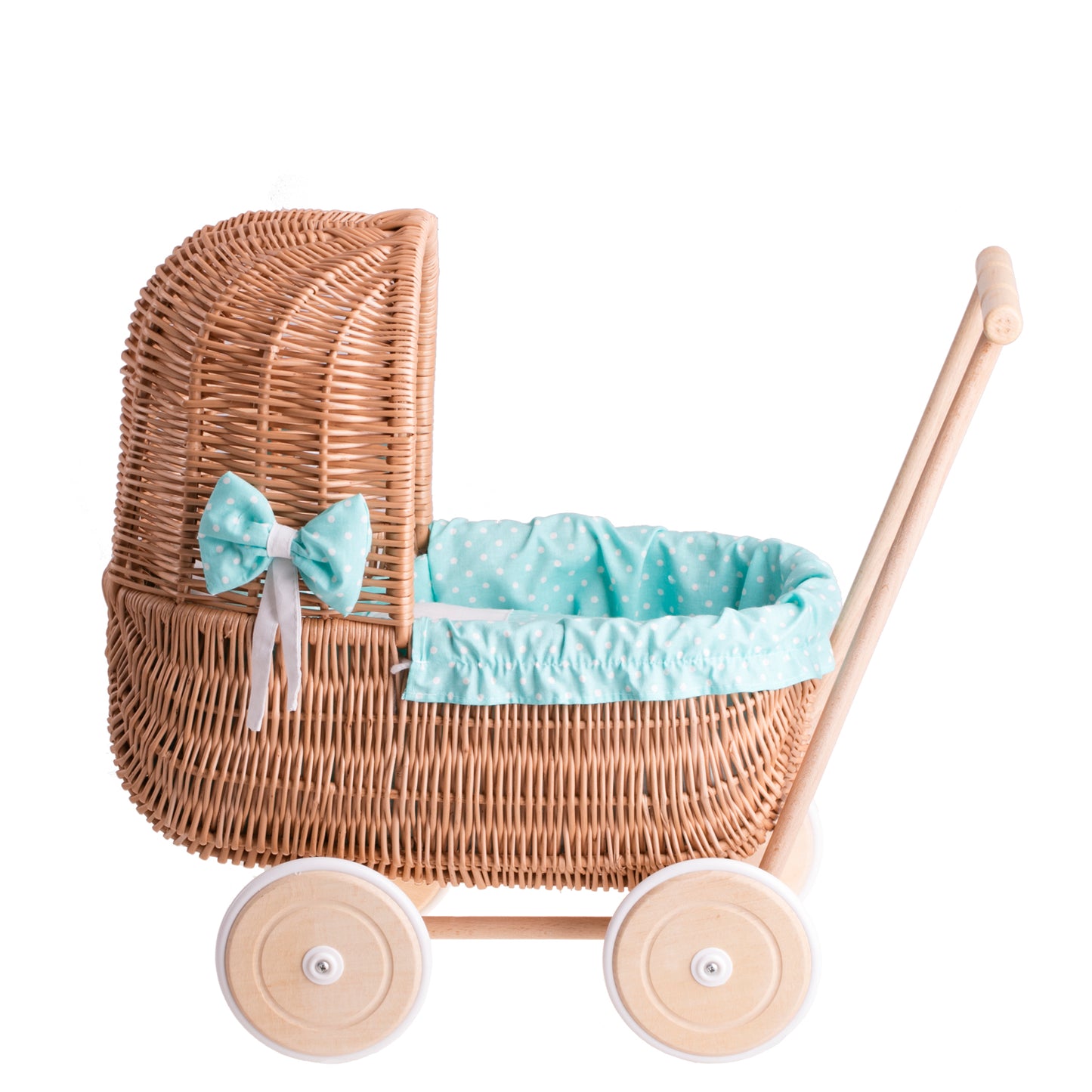 Lala wicker doll stroller with green trim, blanket, and pillow
