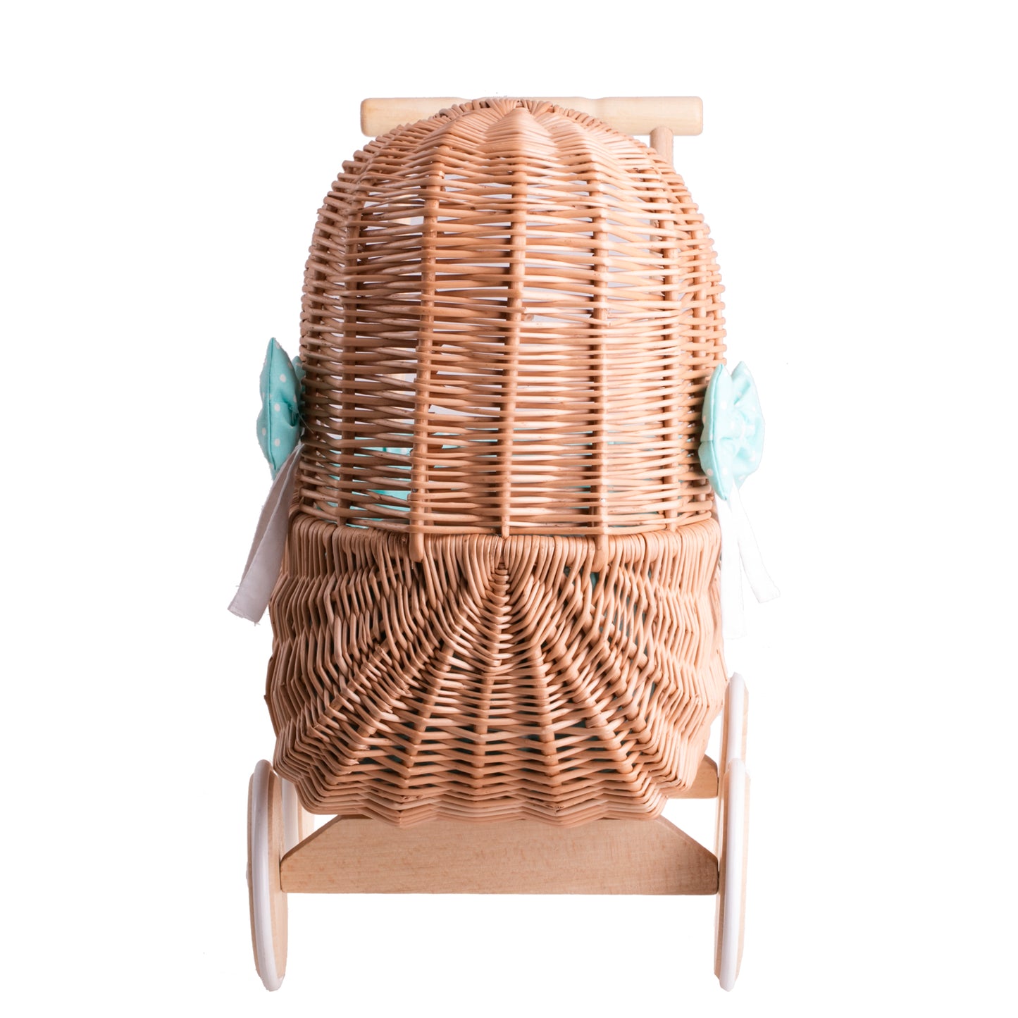 Lala wicker doll stroller with green trim, blanket, and pillow