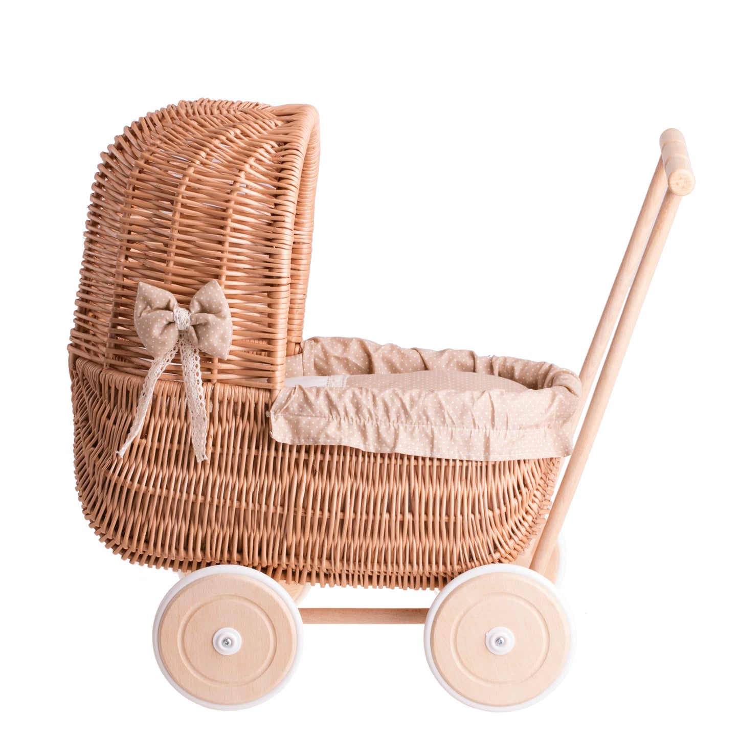 Lala Puppenwagen aus Weide mit beigem Besatz, Decke und Kissen
