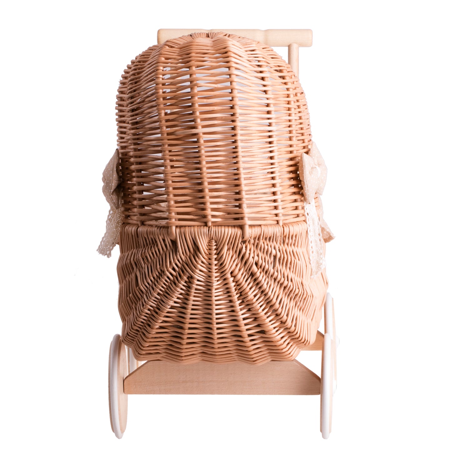 Lala carrito de mimbre para muñecas con ribete beige, edredón y almohada TheWickerStories