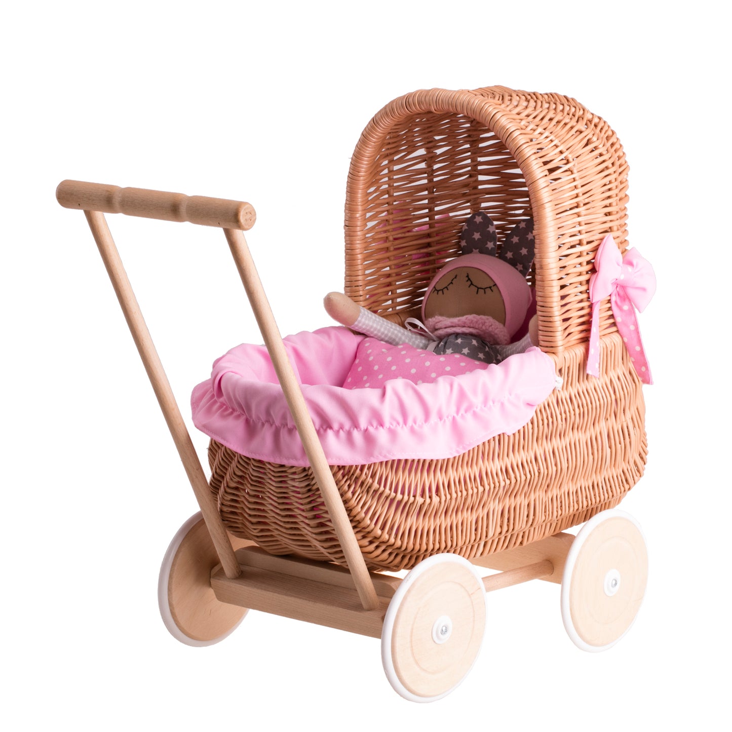 Lala wicker doll stroller with pink trim, blanket, and pillow