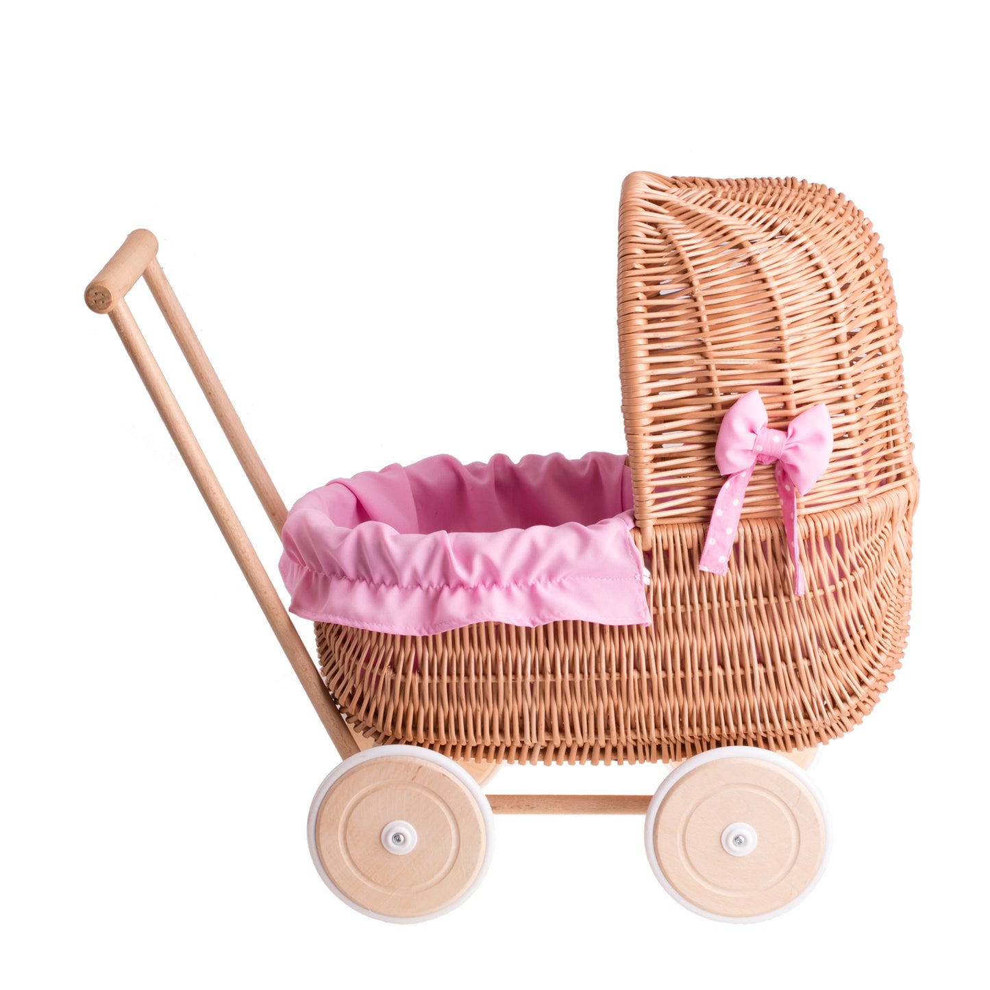 Lala wicker doll stroller with pink trim, blanket, and pillow