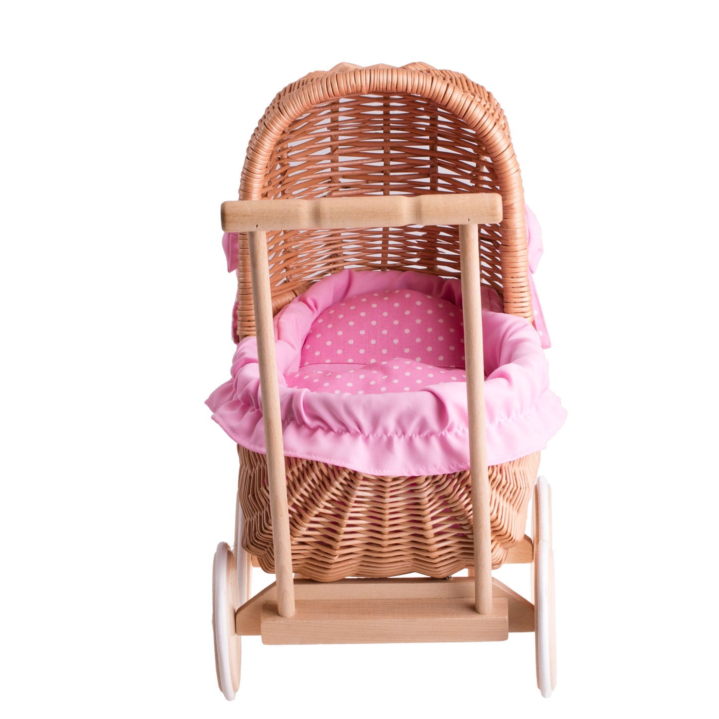 Lala wicker doll stroller with pink trim, blanket, and pillow