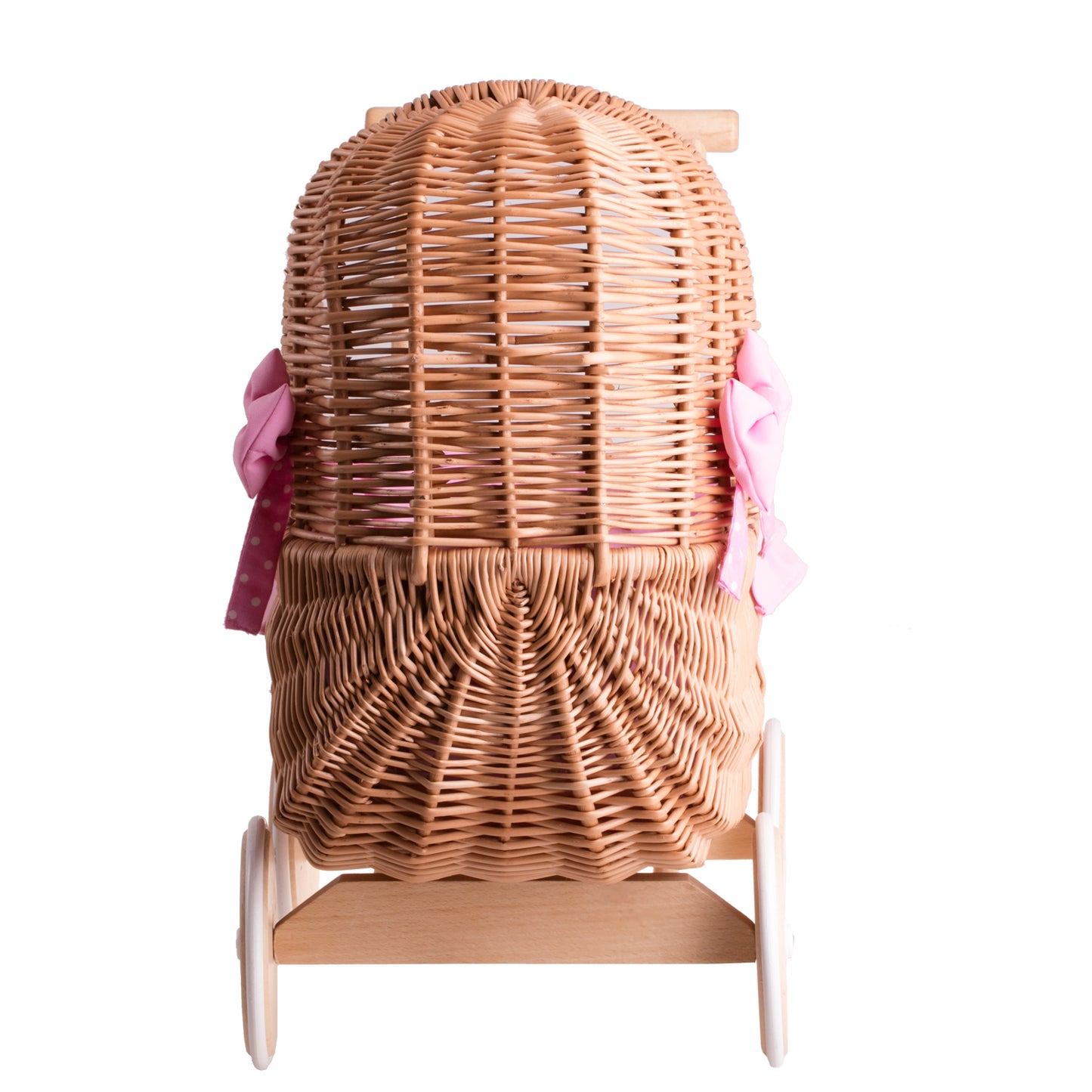 Lala wicker doll stroller with pink trim, blanket, and pillow