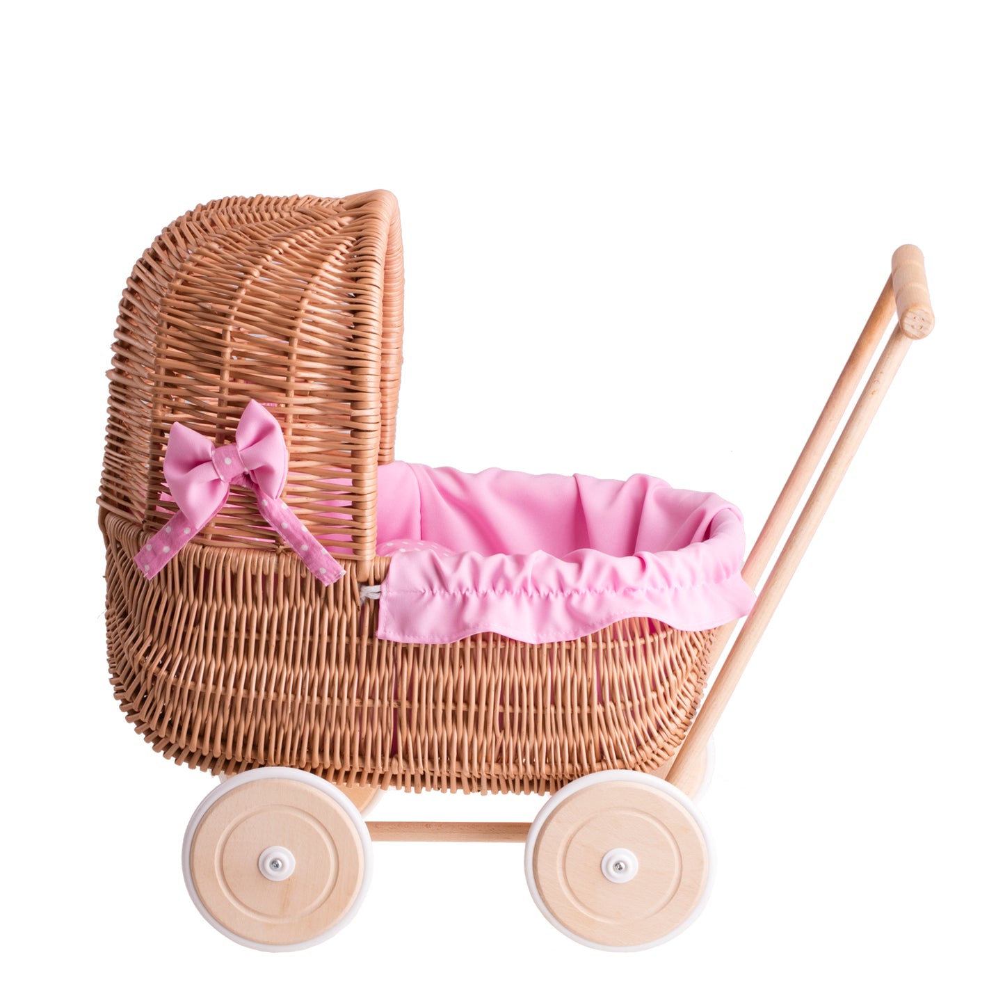 Lala wicker doll stroller with pink trim, blanket, and pillow