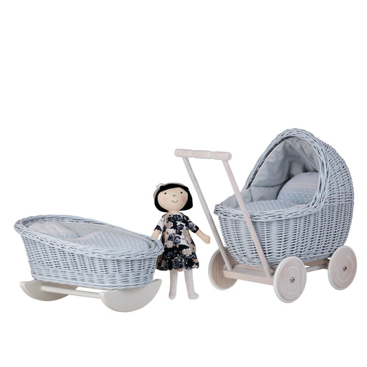 wicker stroller and cradle for dolls with blue trim, blanket, and pillow