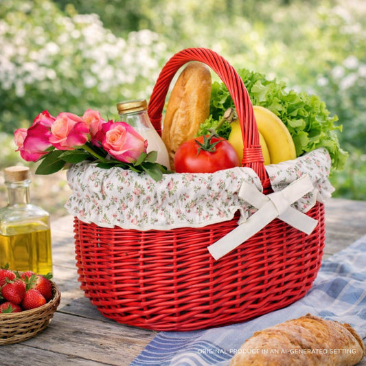 shopping basket with a wicker handle and white trim