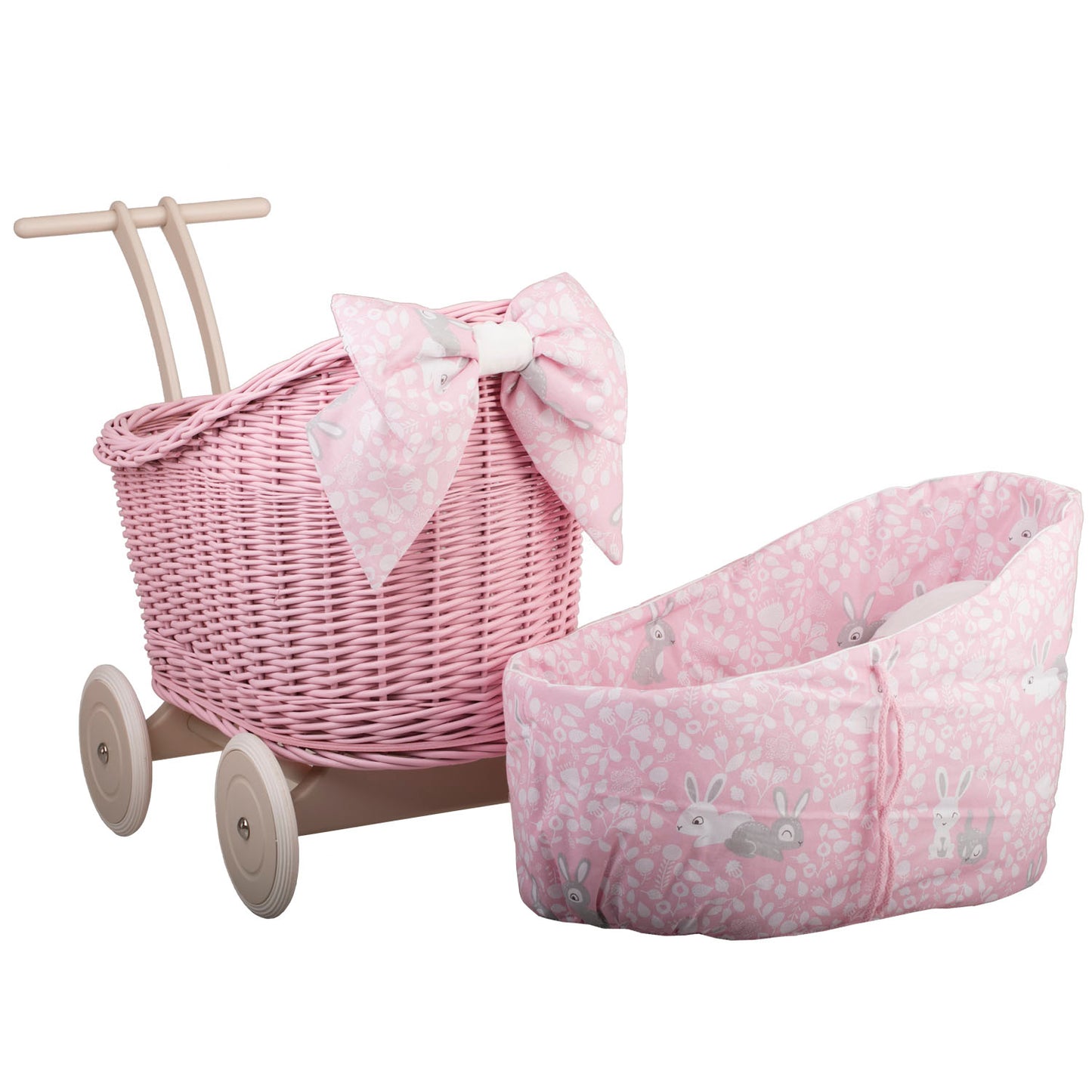 Luna carrozzina in vimini per bambole con rifinitura rosa, copertina e cuscino