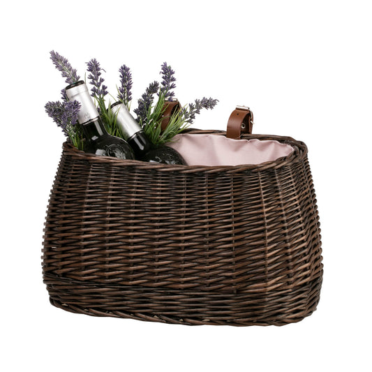 wicker bike basket with pink lining and straps