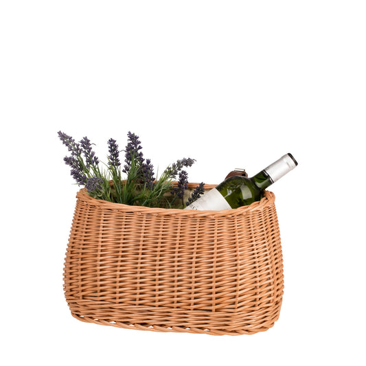 wicker bike basket with beige lining and straps