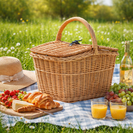 wicker picnic basket with lid and handle