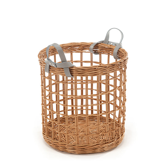 wicker storage basket with two leather handles