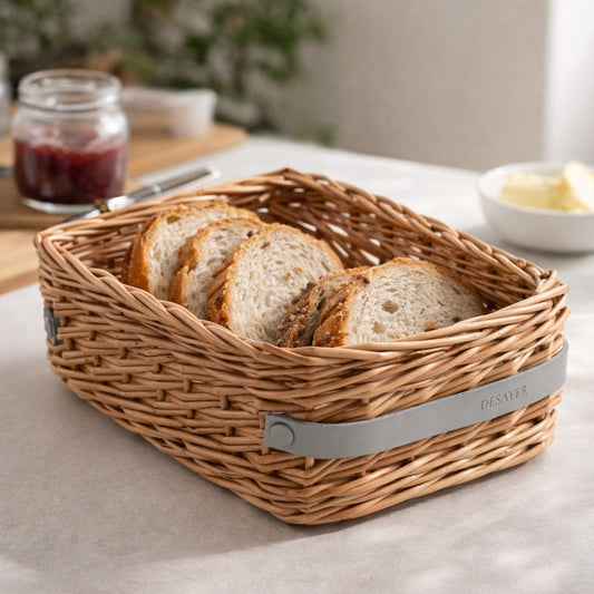 wicker basket for storing and serving bread, with two leather handles
