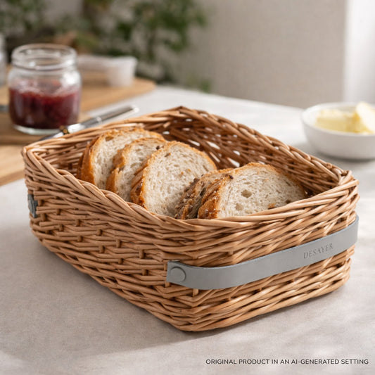 cesto in vimini per conservare e servire il pane, con due manici in pelle