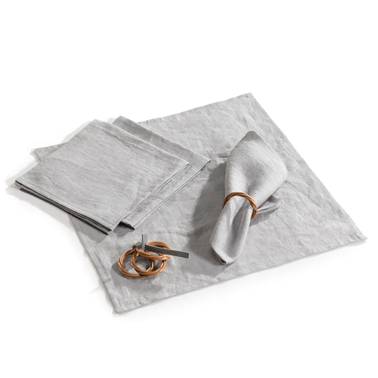 wicker napkin ring with linen napkins, gray, set of 4 pcs.