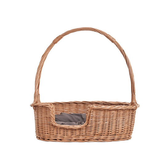 Esmira wicker basket bed for dog and cat with handle and gray cushion TheWickerStories