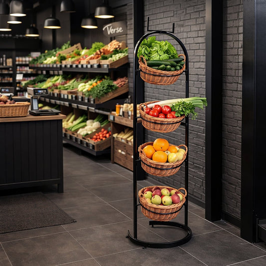 metalowy stojak z wiklinowymi koszykami, na owoce i warzywa