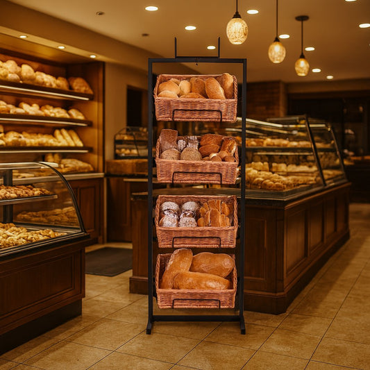 metal stand with 4 wicker baskets