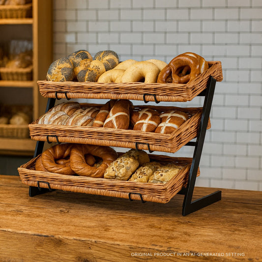metal stand with 3 wicker baskets