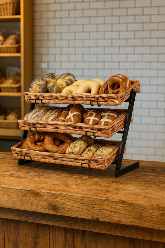 metal stand with 3 wicker baskets