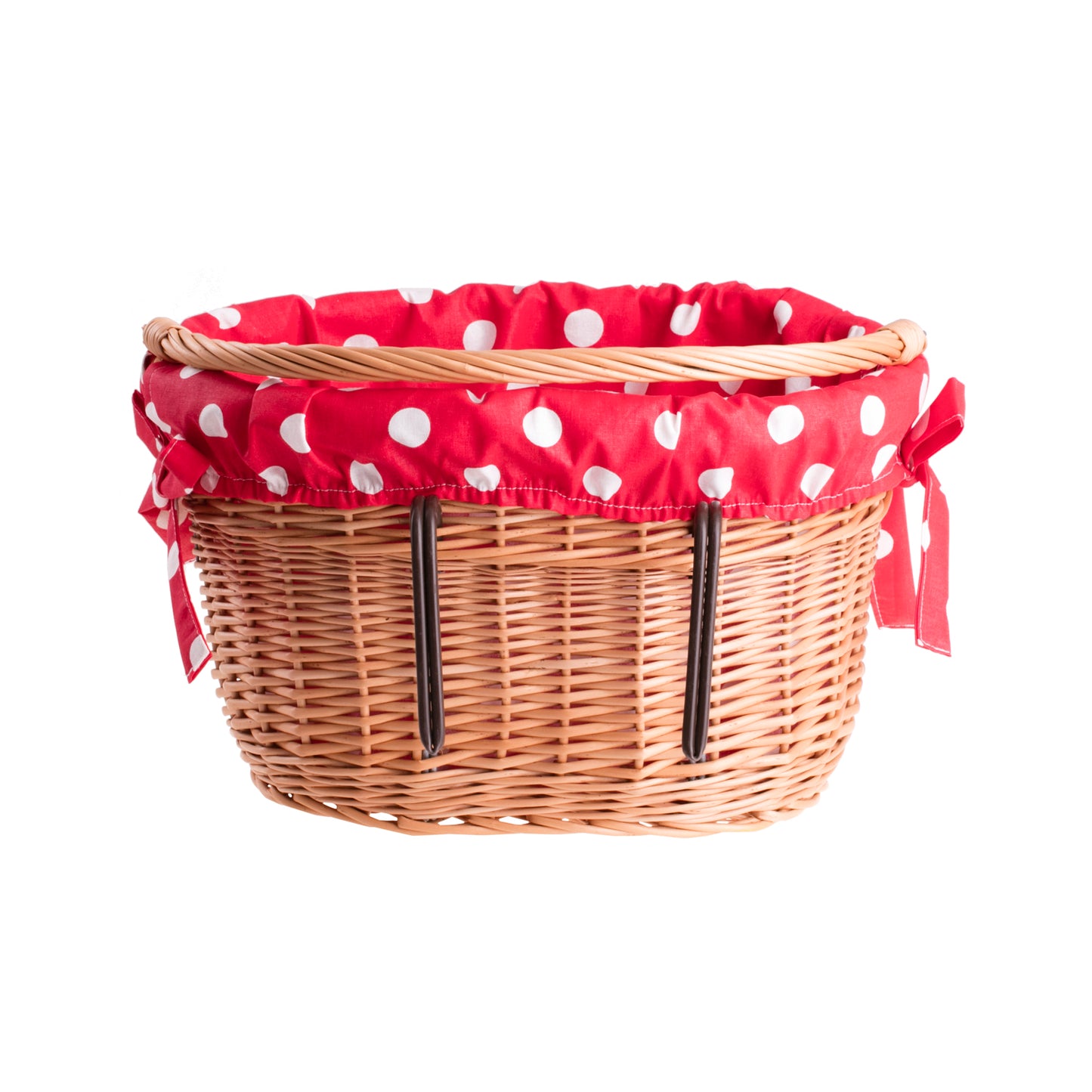 Magnus ψάθινο καλάθι για ποδήλατο με κόκκινη επένδυση, με λαβή και γάντζους TheWickerStories