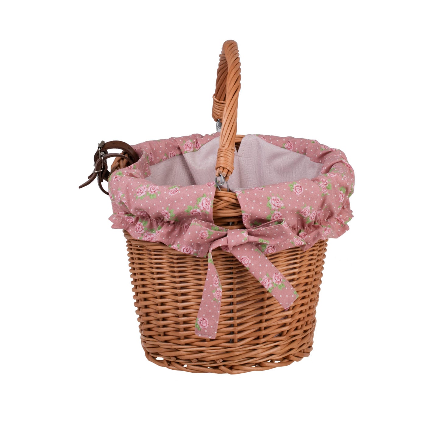 Magnus prútený košík na bicykel s ružovým lemom, s rúčkou a popruhmi na riadidlá TheWickerStories