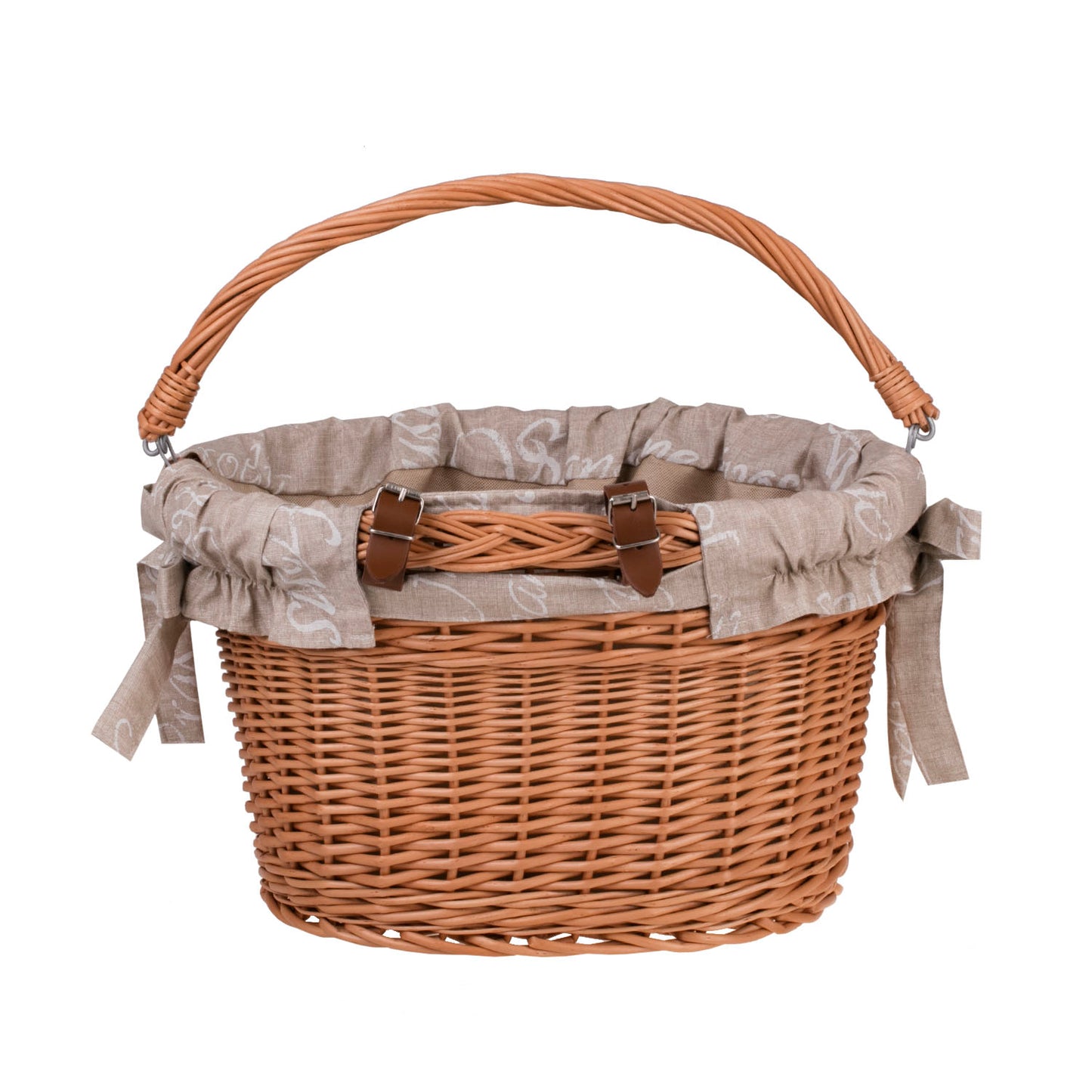 Magnus ψάθινο καλάθι για ποδήλατο με μπεζ επένδυση, με χερούλι και στερέωση για το τιμόνι TheWickerStories