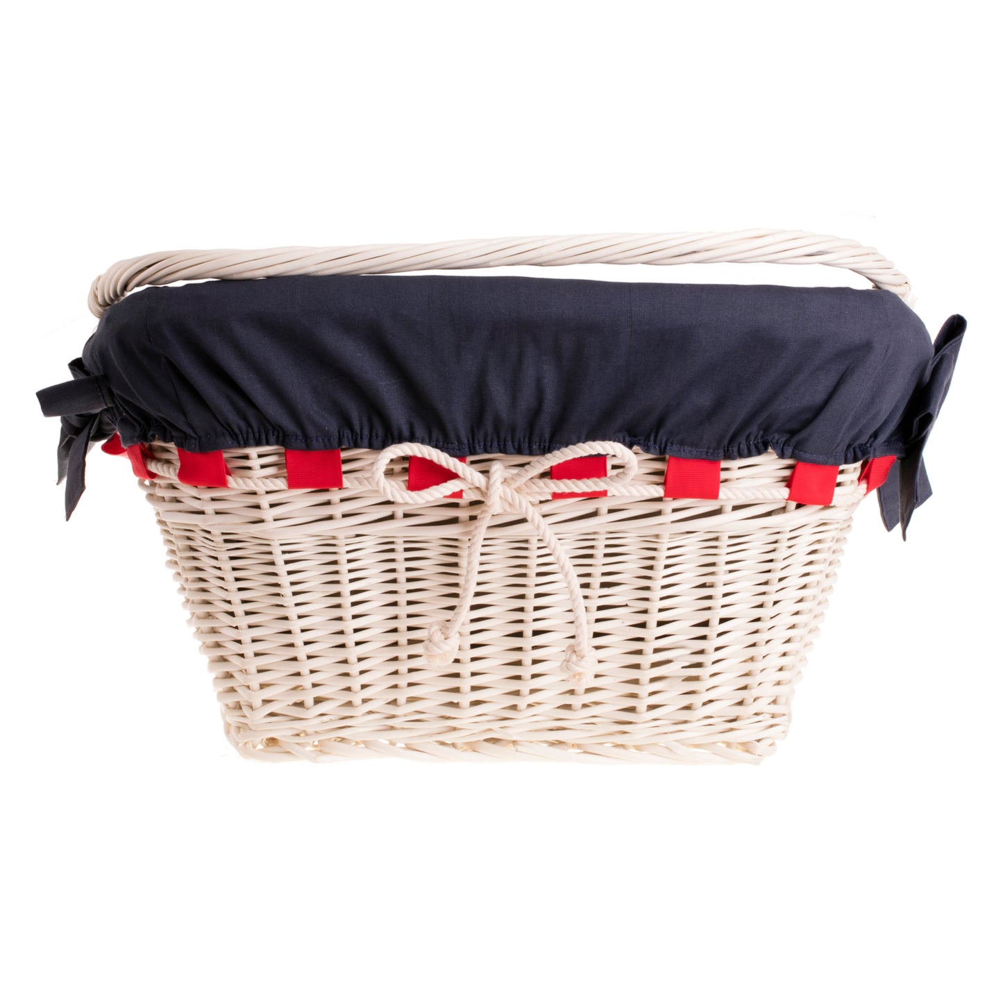 Magnus Weidenkorb für das Fahrrad mit dunkelblauer Einfassung, mit Henkel und Schleifen TheWickerStories