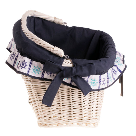 Magnus wicker bike basket for handlebars with navy trim and handle TheWickerStories