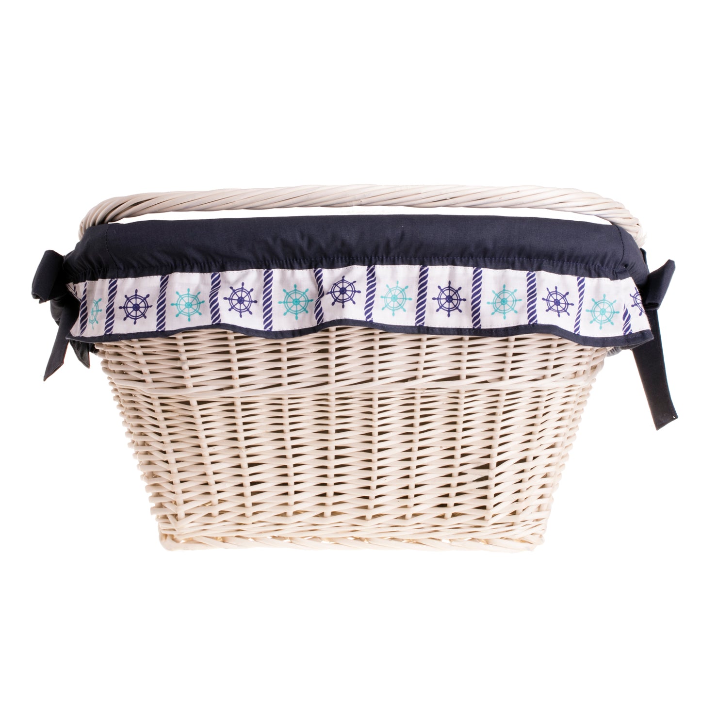 Magnus prútený košík na bicykel na riadidlá s tmavomodrým lemom a rukoväťou TheWickerStories