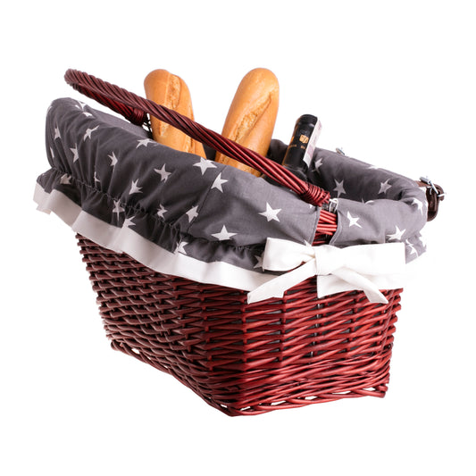 Magnus wicker bicycle basket with gray trim, with handle and straps TheWickerStories